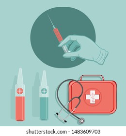 A hand in a rubber glove holds a syringe, first aid kit, stethoscope, syringe, ampoule - isolated on a light background, flat style - vector. Patient care. Home care. Treatment room.