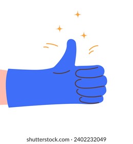 A hand in a rubber glove shows a thumbs up gesture. Successful completion of cleaning. Modern flat vector illustration isolated on white background