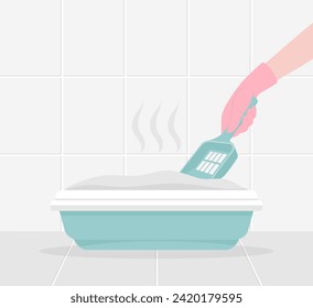 A hand in a rubber glove with a spatula cleaning the cat litter box in the bathroom. Flat vector illustration