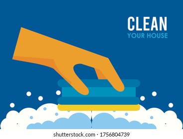 hand with rubber glove and sponge housekeeping accessory vector illustration design