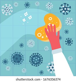 Hand in a rubber glove with a sponge washes a wall with coronavirus to Protect Family from Virus, Germs, or Bacteria. Antibacterial Disinfectant Liquid. Home cleaning. Flat vector illustration.