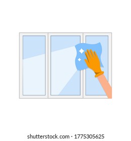 Una mano en un guante de goma lava una ventana. El concepto de limpieza de cristales. Ilustración vectorial, diseño de color de caricatura plana, aislado en fondo blanco, eps 10.