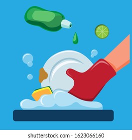 hand in rubber glove washing dishes with dish cleaner and sponge flat illustration vector 