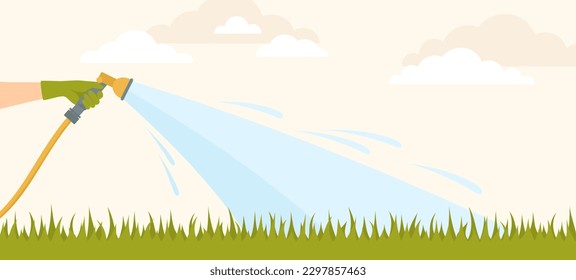 A hand in a rubber glove watering the lawn with the garden hose. Flat vector illustration