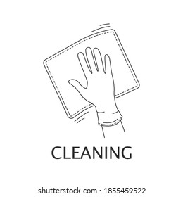 A hand in a rubber glove wipes the surface with a rag. Cleaning and disinfection, detergent. Linear style on a white background. Icon, logo