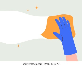 Una mano en un guante de goma limpia la superficie con un paño. Ilustración vectorial plana moderna