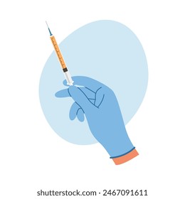 Hand in rubber gloves holding syringe with liquid for injection. Healthcare concept
