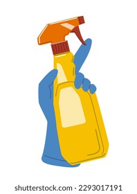Hand in rubber gloves. Womans hand with cleaning agent and spray. Hygiene and cleanliness. Template, layout and mock up. Protective latex garment. Cartoon flat vector illustration