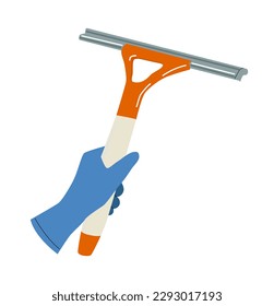 Hand in rubber gloves. Womans hand with window cleaning scraper. Cleanliness and hygiene, household chores. Sticker for social networks and messengers. Cartoon flat vector illustration