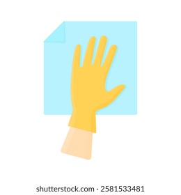 A hand in a rubber yellow glove holds a blue rag in cartoon style on a white background isolated. Cleaning windows with a rag.
