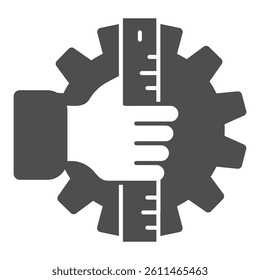 Hand with ruler and cogwheel solid icon, exhibition concept. Vector graphics. Project planning, designer tool sign on white background, glyph style icon for mobile or web design