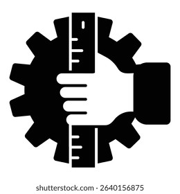 Hand with ruler and cogwheel solid icon, exhibition concept. Vector graphics. Project planning, designer tool sign on white background, style mobile or design