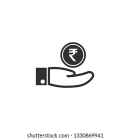 Hand with rupee icon in simple design. Vector illustration.