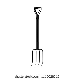 Hand rural fork monochrome silhouette - gardening and farming tool to lift and pitch or throw loose material isolated on white background. Agricultural pitchfork in vector illustration.