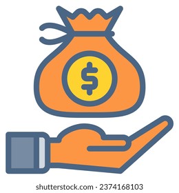 Hand sack coin dollar icon or logo illustration filled outline color style. Business and finance icons