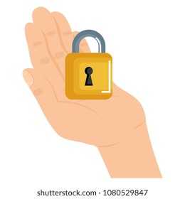 hand with safe secure padlock icon