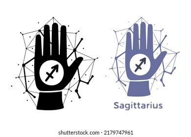 Hand with Sagittarius symbol isolated on white background. Horoscope fortune telling art. Constellation doodle design.