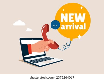 Hand salesman out of laptop with telephone connected to bubble, new arrival. Telemarketing. Vector illustration