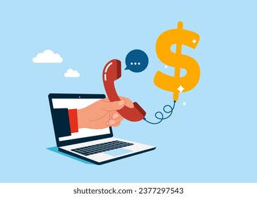 Hand salesman out of laptop with telephone connected to money dollar sign. Business deal via telephone call. Vector illustration