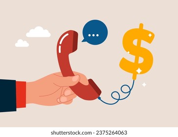 Hand salesman with telephone connected to money dollar sign. Insurance agent. Vector illustration