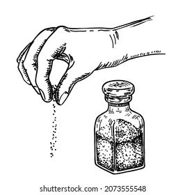 Hand with salt, hands gesture salting food. Salt shaker. Vector cooking symbol hand drawn sketch illustration.