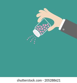 Hand and salt shaker with hearts inside. Vector illustration