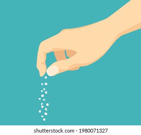 Hand salting food. Pinch of salt. Vector illustration  in cartoon flat style. Sprinkle spices.