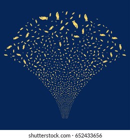 Hand salute stream. Vector illustration style is flat yellow iconic symbols on a blue background. Object fireworks fountain constructed from random pictograms.