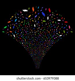 Hand salute stream. Vector illustration style is flat bright multicolored iconic symbols on a black background. Object source fountain organized from random icons.
