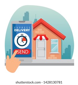 hand with samrtphone and chrornometer with house distribution