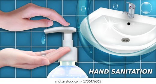 Hand Sanitation illustration. Hand Sanitizer antiseptic gel in bottles with dispenser or antibacterial soap. Banner with womens hands and ceramic sink. Best protection against viruses. Vector