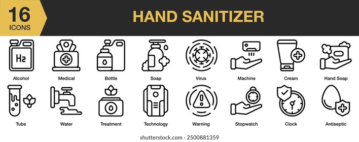 Hand Sanitiser icon set. Includes alcohol, antiseptic, treatment, tube, virus, medical, and More. Outline icons vector collection.