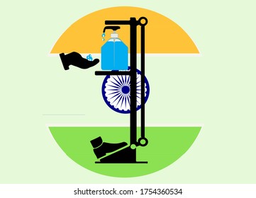 hand sanitiser stand alcohol gel on indian flag background.