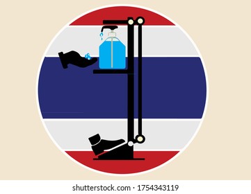 hand sanitiser stand alcohol gel,Bottle alcohol gel.Thai flag blackground.