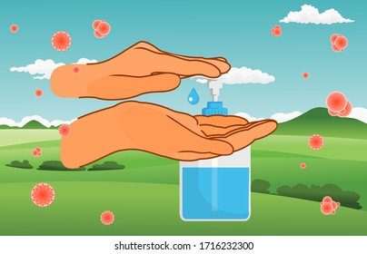 Hand Sanitize Bottle, alcohol bottle for hygiene. Alcohol rub sanitizes kill most bacteria and stop some viruses such as corona virus.