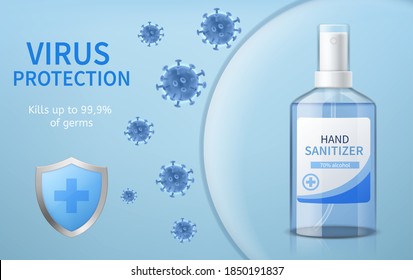 Hand sanitizer. 3d transparent spray bottle, antibacterial alcoholic cleanser, hygienic protective disinfectant, bacterial attack, covid-19 and flu virus protection poster or add banner vector concept