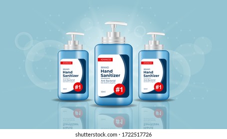 Hand sanitizer ads. Antibacterial effect, hand sanitizer bottle container mockup template in realistic style. Horizontal banner Best protection. Vector illustration