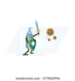 Hand sanitizer antiseptic spray vector illustration, cartoon character kill virus with shield and sword