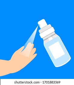 Hand Sanitizer Application Vector. Personal Hygiene Dispenser, Infection Control Symbol. Antivirus Protection Illustration. Antiseptic Liquid Is Sprayed On The Skin.