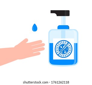 Hand Sanitizer Application Vector. Personal Hygiene Dispenser, Infection Control Symbol. Antivirus Protection Illustration. Gel Is Dropping On Hand. Coronavirus Prevention Instruction.