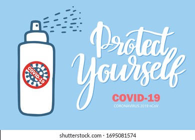 Hand sanitizer bottle with alcohol liquid inside and sign Stop Coronavirus. Covid19 for public health safety concept. Doodle vector illustration with lettering text Protect yourself.