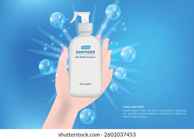 
Hand Sanitizer Bottle Held on a Blue Background with Bubbles   
