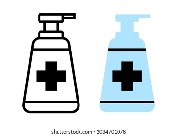 Icono del frasco del sanitizador de mano. Icono de botella sin mano. Conjunto de iconos de contenedores de sanitizer manual. Color negro y azul. Iconos simples, modernos, minimalistas y abstractos para la web, aplicaciones y más.