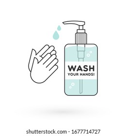 Hand sanitizer bottle isolated and hands rubbing. Washing alcohol gel used against viruses, bacteria, flu, coronavirus. Waterless hand cleaner. Handwashing. Black outline. Vector flat design