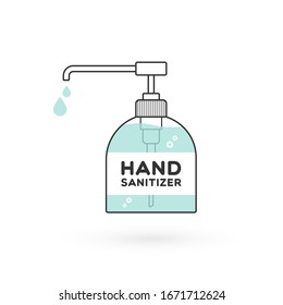 Hand sanitizer bottle isolated with pump. Washing alcohol gel used against viruses, bacteria, flu, coronavirus. Waterless hand cleaner. Handwashing. Black outline. Vector illustration, flat design