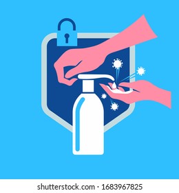 Hand sanitizer bottle isolated with pump on shield background