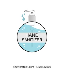 Hand sanitizer bottle isolated with pump. Washing alcohol gel used against viruses, bacteria, flu, coronavirus. Waterless hand cleaner. Handwashing. Black outline. Vector illustration, flat design