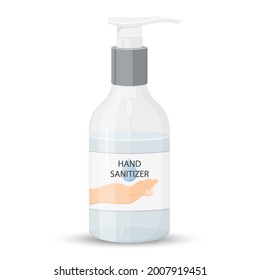 Frasco de desinfectante manual aislado con bomba. Gel de alcohol de lavado utilizado contra virus, bacterias, gripe, coronavirus. Limpiador de manos sin agua. Lavado de manos. Ilustración vectorial, diseño plano