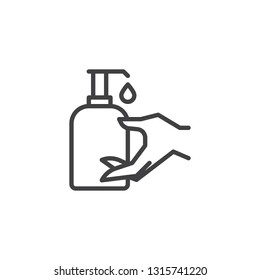 Hand sanitizer bottle line icon. linear style sign for mobile concept and web design. Disinfection hand outline vector icon. Healthcare symbol, logo illustration. Pixel perfect vector graphics