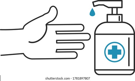 Hand sanitizer bottle, personal protective equipment, disinfectant sprays to prevent viruses, coronavirus. The hand reaches for the bottle of antiseptic. Vector flat infographics illustration